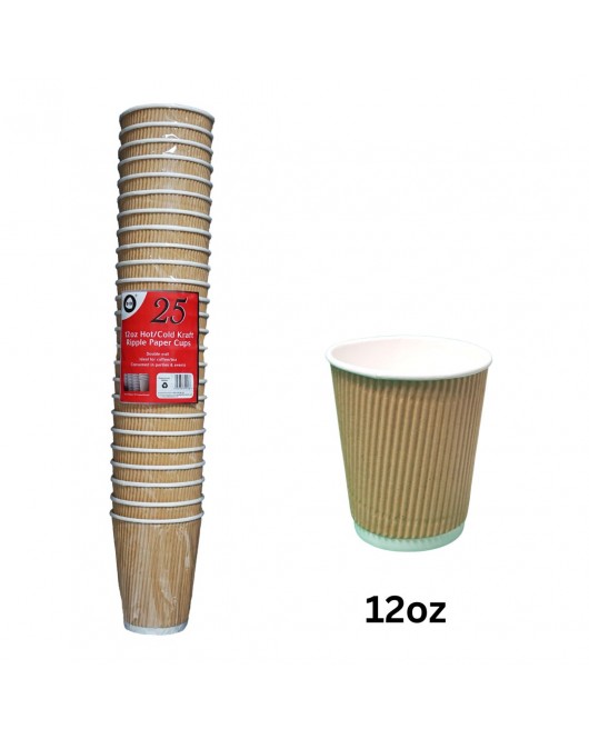 25pc 12oz Hot/Cold Kraft Ripple Paper Cups 