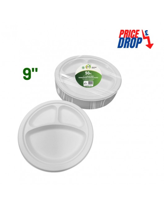 50pc 9" 3 Compartment Biodegradable Bagasse Plates