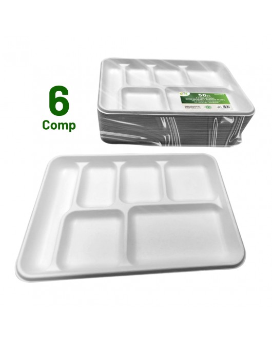 50pc 6 Compartment Biodegradable Bagasse Plates