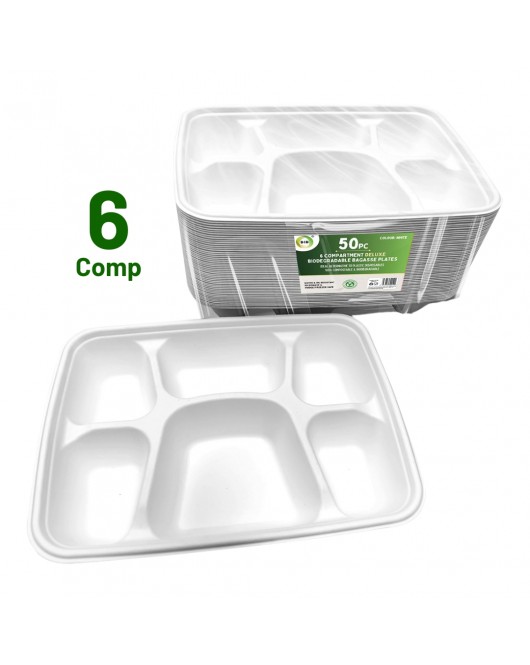 50pc 6 Compartment Deluxe Biodegradable Bagasse Plates