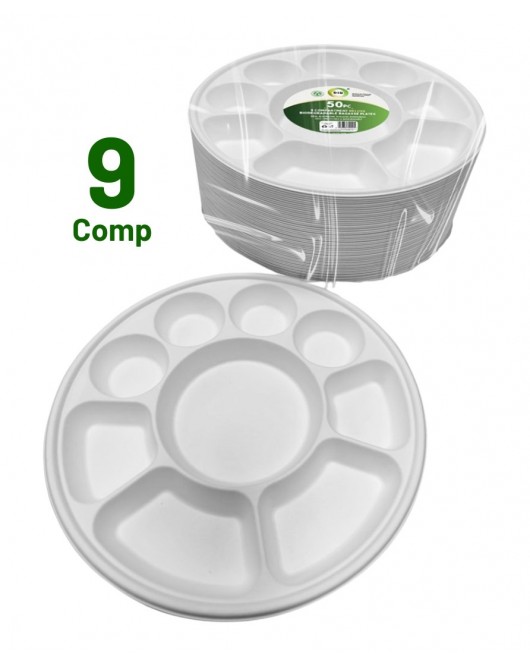 50pc 9 Compartment Deluxe Biodegradable Bagasse Plates