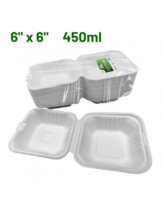 50pc 6" x 6" 450ml Biodegradable Bagasse Hinged Containers