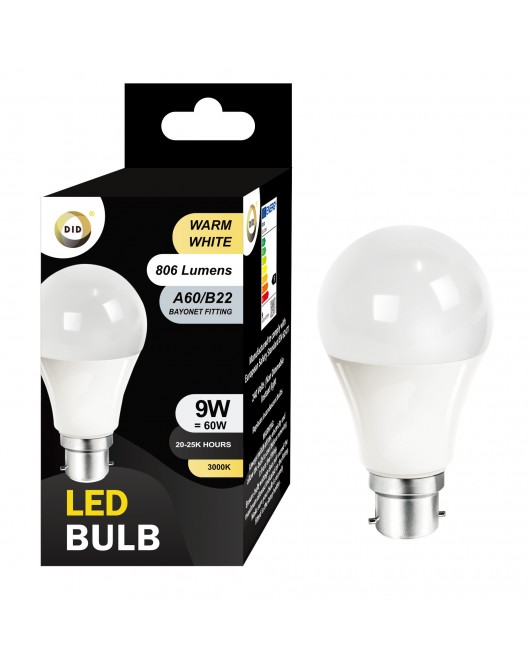 Warm White Led Bulb 9W A60/B22