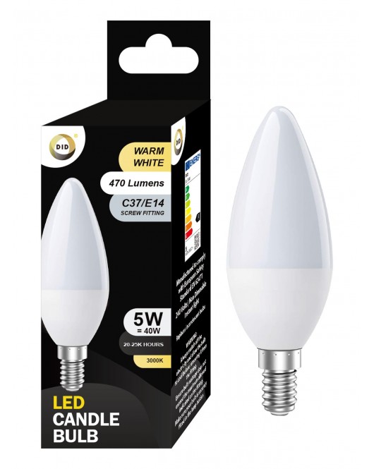 Warm White Led Candle Bulb 5W C37/E14