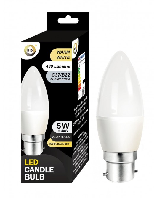 Warm White Led Candle Bulb 5W C37/B22