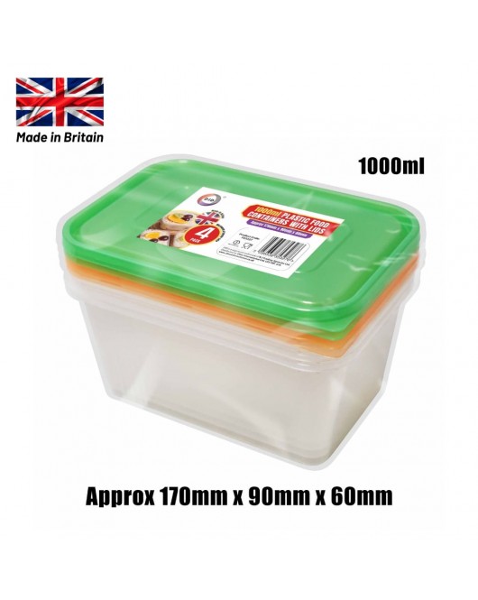 4pc 1000ml Plastic Containers with Lids