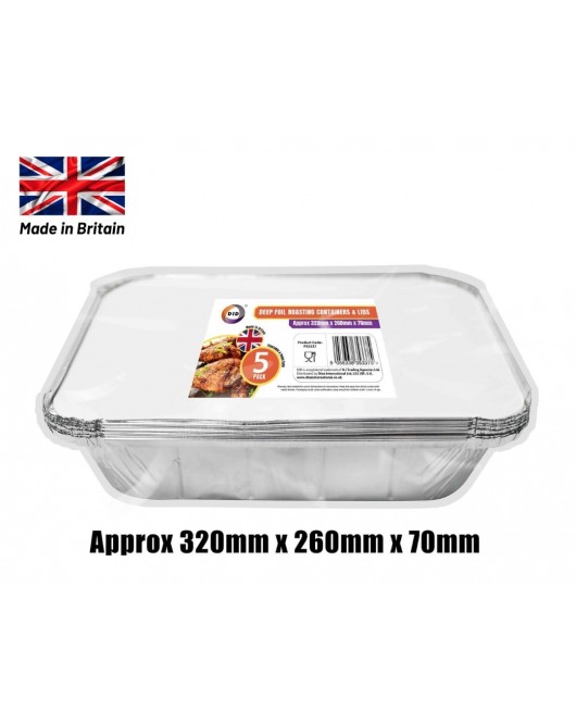 5pc Deep Foil Roasting Containers & Lids (Approx 320mm x 260mm x 70mm)