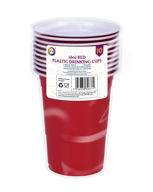 10Pk 16oz Red Plastic Drinking Cups