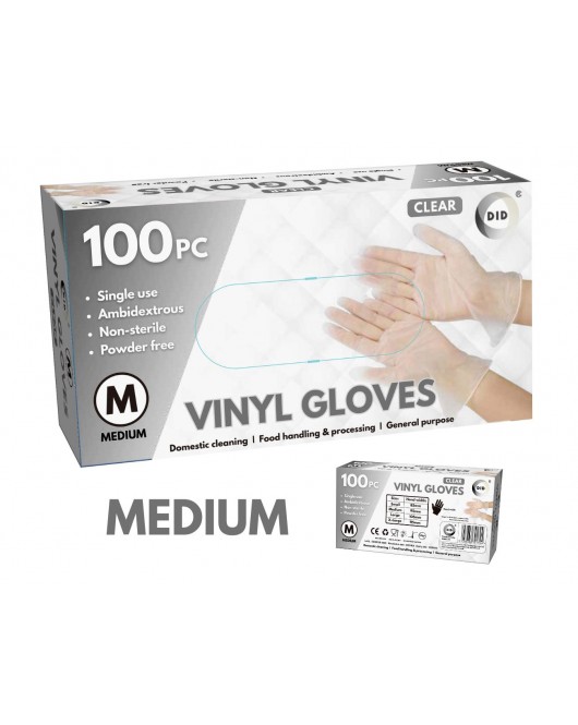 100pc Medium Powder Free Clear Vinyl Gloves