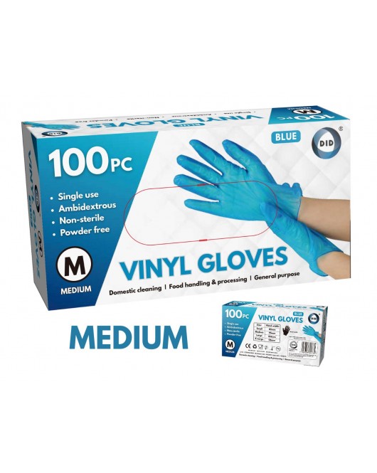 100pc Medium Powder Free Blue Vinyl Gloves