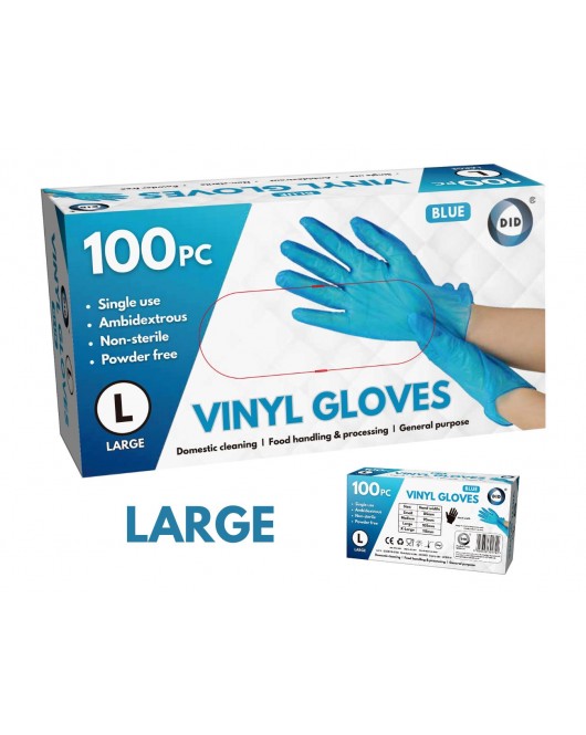 100pc Large Powder Free Blue Vinyl Gloves